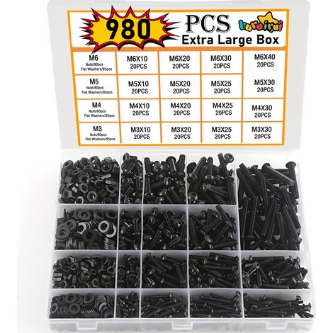 980pcs M3 M4 M5 M6 Jeu de Vis et écrous Vis Boulon et écrous à Noir Hex Socket Head Cap Assortiment Ecrous et Boulons Rondelles Kit pour Réparation Bricolage Mécanique (1/5)