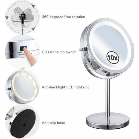 LAN Miroir Grossissant Lumineux de Rotation à 360°Miroir Maquillage, Miroir Grossissant x10 Miroir Maquillage Lumineux Miroir Coméstique Pivotant Double Face Avec Support deMiroir Sur Pied Miroir Coif (1/5)