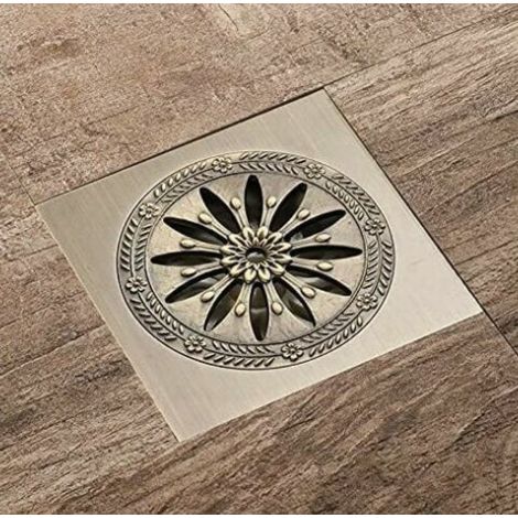 Drain douche laiton antique 10x10 cm carré anti-odeur, grille grand calibre (1/4)