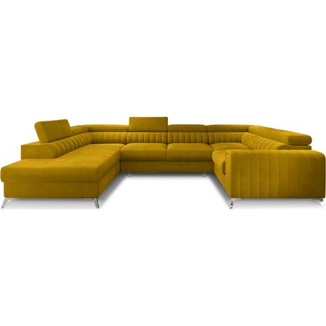 Canapé panoramique convertible LOUVE velours - Rangement et têtières réglables à gauche-Jaune curry-Coffre à gauche (1/5)