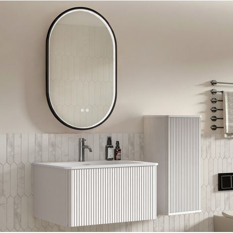 Mueble de baño con lavabo, mueble lateral y espejo LED, blanco DESVIAE (1/5)