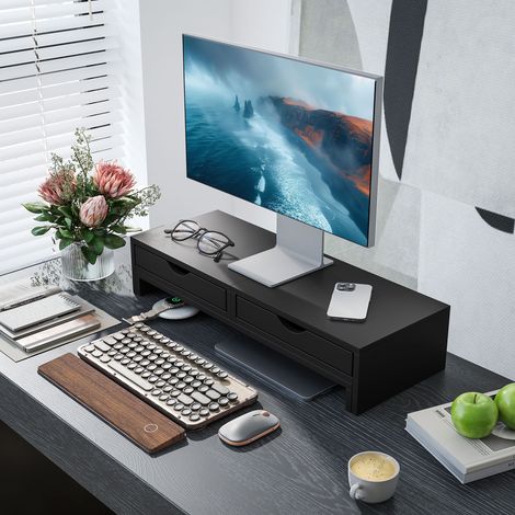 Rehausseur Écran PC Bureau 60-116 cm, Support 2 Tiroirs, Longueur Angle Réglables, Noir (1/5)