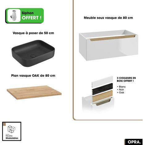 Ensemble meuble sous vasque avec plan et vasque à poser - Siphon OFFERT  OPRA  Blanc-Oak  80 × 30 × 45 cm (1/5)
