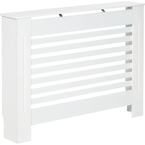Cache-radiateur en bois blanc pour radiateurs et chauffages, cache-radiateur moderne avec système anti-basculement, lattes et surface de support, 112 x 19 x 81 cm