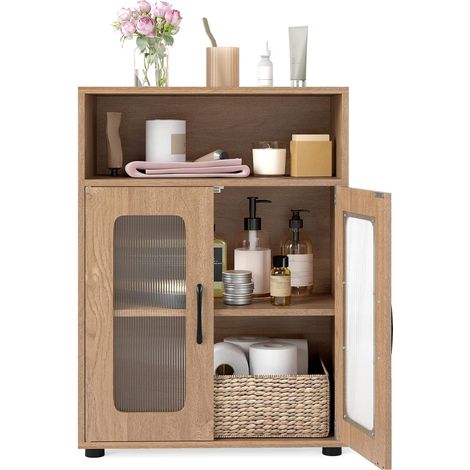 COSTWAY Mobile da Bagno, Mobiletto Salvaspazio con 2 Ante e Ripiano Regolabile a 3 Livelli, Scomparto Aperto, Design Anti-Ribaltamento e Piedini Rialzati, Armadietto per Lavanderia (Naturale) (1/5)