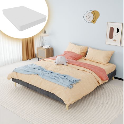 Cama 160x200 de terciopelo holandés gris con somier de láminas y colchón, OKMYHOME (1/5)