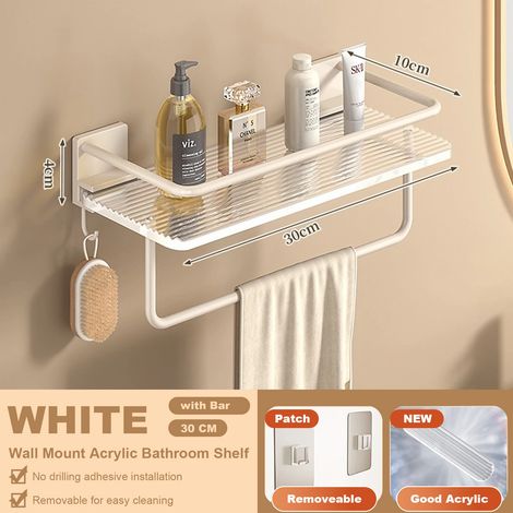 Étagère de salle de bain en acrylique (30 cm, blanche avec barre) pour angle de douche, avec crochets porte-serviettes, fixation murale sans perçage, grise, en acrylique et aluminium spatial. (1/5)