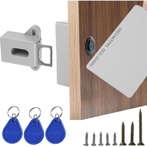 Smart Serrure de placard NFC : serrure de meuble avec 3 porte-clés et 2 cartes RFID, serrure intelligente discrète, serrures sans perçage pour tiroirs, placards, casiers et usines (1/4)