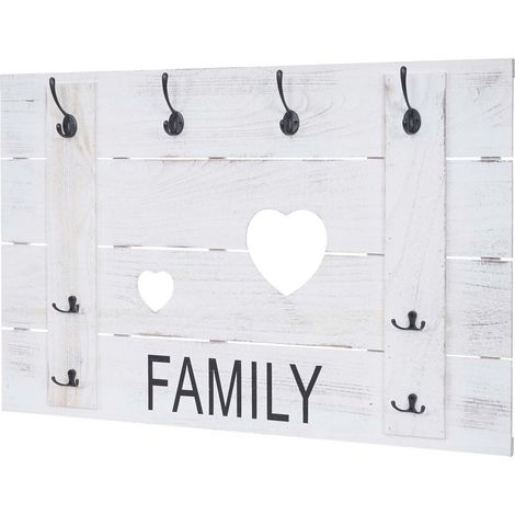 Appendiabiti da parete Family pannello stile vintage con 8 ganci 60x90 cm bianco invecchiato 040001006