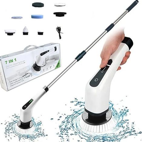 Brosse de Nettoyage électrique sans Fil, Brosse de Nettoyage sans Fil avec 7 têtes de Brosse remplaables, vadrouille électrique avec poignée réglable pour Salle de Bain, Cuisine, Voiture (Blanc) (1/5)