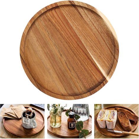 Assiette plateau rond en bois - Assiette plate en acacia - Service rond en bois pour collation, dessert, fromage (1/5)