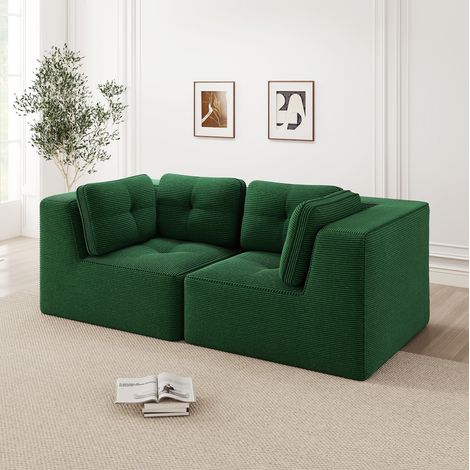 Canapé d’angle modulaire en velours côtelé vert, sans structure rigide, assise profonde 74 cm (1/5)