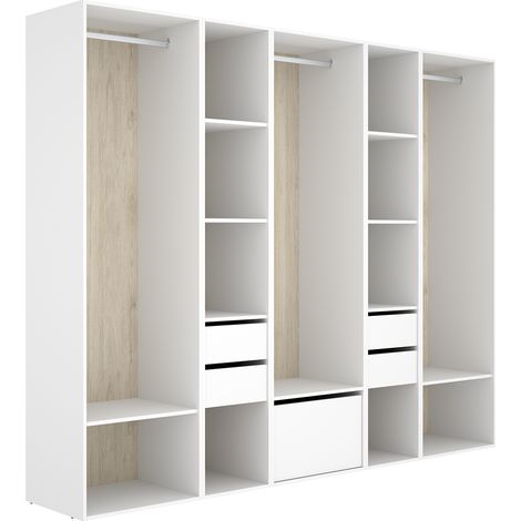 Armoire dressing ouverte avec fond arrière réversible, 3 penderies avec 3 tringles,4 tiroirs et 1 porte chaussures, coloris blanc/naturel - Hauteur 204,5 x Longueur 256 x Profondeur 45 cm (1/5)