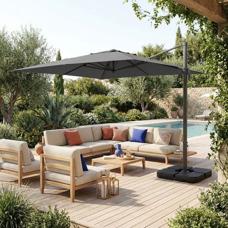 Parasol déporté rectangulaire 3x4m gris + dalles à lester 50x50cm - Antibes