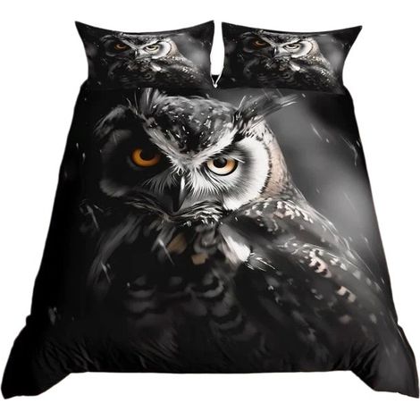 Parure de lit hibou 3D, microfibre, noir et gris, avec taie d'oreiller. A-155X220 (1/4)
