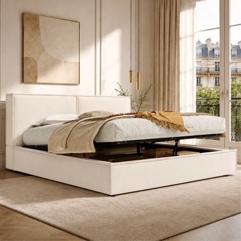 OKMYHOME Polsterbett 180x200 cm mit Bettkasten, Lattenrost und Hydraulik, Beige (1/5)