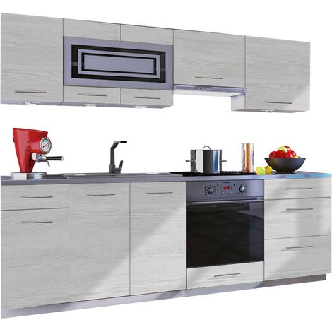 Dusine – Cuisine GIOVANNA 8 éléments – bois blanchi 2m40 – Casserolier avec 3 tiroirs – Éléments hauts et bas pour rangement pratique (1/2)