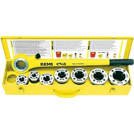 Rems – Filière à main pour tubes en acier – Levier à cliquet monobloc – 6 têtes de filetage à changement rapide – Coffret métallique – 520017 (1/4)