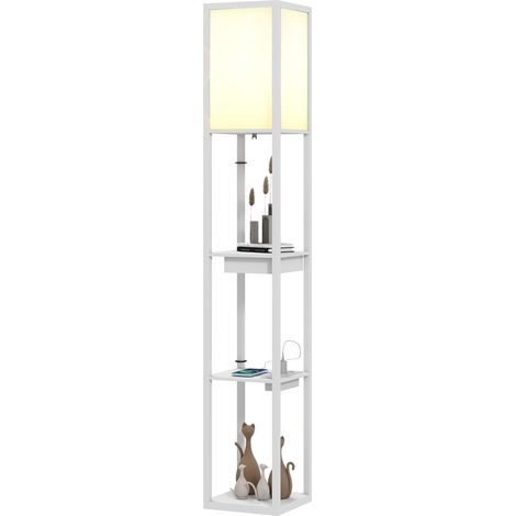 Lampadaire 3 étagères interrupteur pied port USB panneau MDF blanc (1/4)