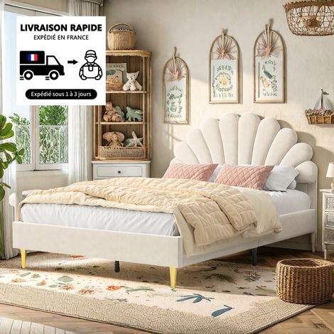 Lit double 140x190 cm de style princesse, Tête de lit fleurie, tissu velours, style scandinave, base à lattes, lit rembourré pour adultes, Beige