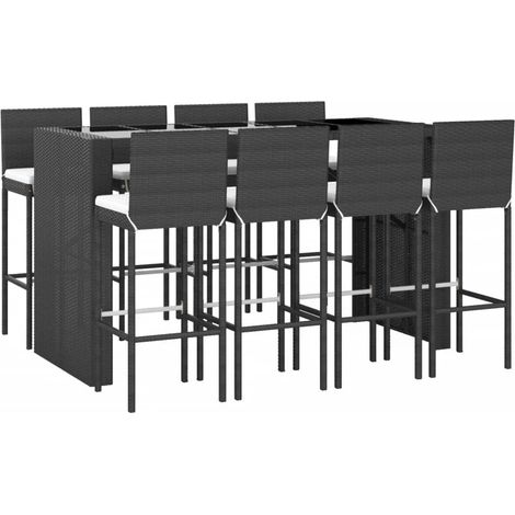 9 Piece Garden Bar Set with Cushions Black Poly Rattan vidaXL
