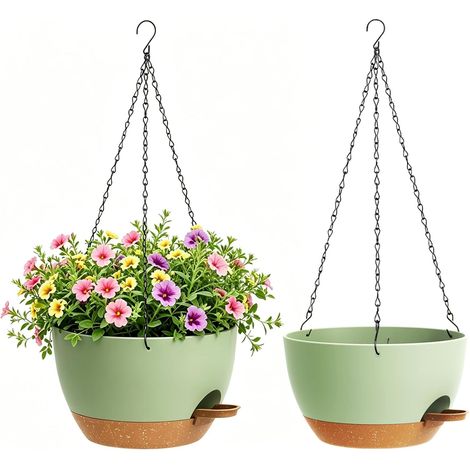 20 cm Self Watering Hanging Flower Pot, Set of 2, Green Brown Hanging Planters for Indoor Outdoor with Drainage and Removable Tank, Plant Hanger for Balcony, Living Room (1/5)