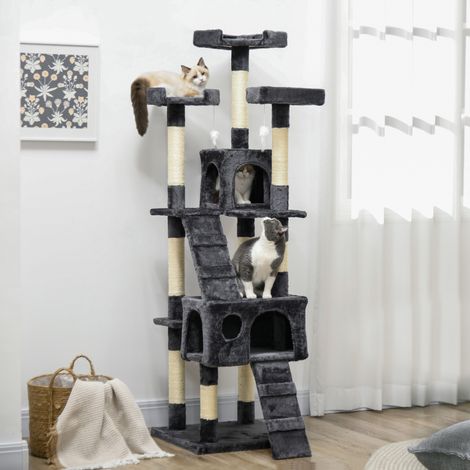 Arbre Chat Tour Chats Nids Escaliers Jouets Suspendus Poteaux Sisal Foncé Animaux Compagnie Gris 49x49x173cm