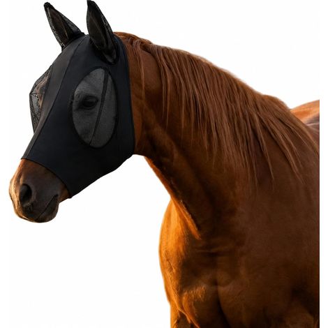 Black Fly Mask for Horses with Ear Guards, Breathable and Lightweight Insect Protection for Pony, Shetland and Breed Horses (1/5)