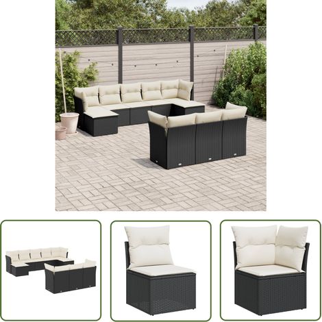The Living Store 10-tlg. Garten-Sofagarnitur mit Kissen Schwarz Poly Rattan - Gartengestelle - Gartenmöbelset - Rattan Möbel - Lounge Set - Gartenlounge (1/5)