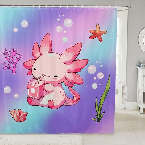 Rideau Douche 180x210cm Axolotl Fille Rideaux de Douche Coquillage Rideau de Baignoire Salamandre Kawaii Rideaux Salle de Bain Faune Monde sous Marin - 180L X 210H cm (1 Panneaux) (1/5)