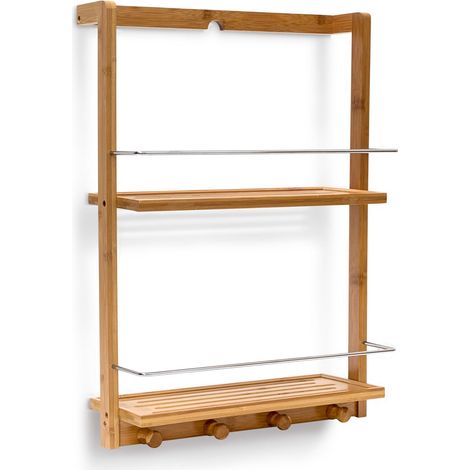 Estante de pared multiusos baño cocina 2 bandejas grandes 4 ganchos de bambú natural 130003235 (1/4)