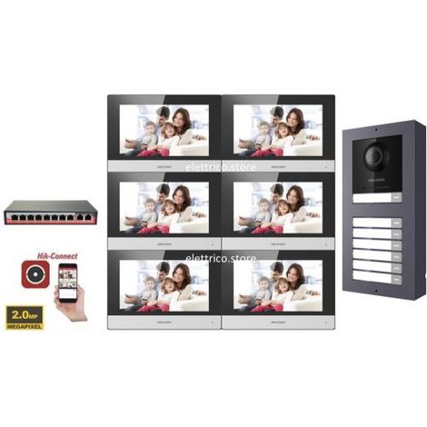 KIT Videocitofono IP Poe Hikvision 6 appartamenti Monitor 7 pollici WIFI smart telecamera 2 mpx