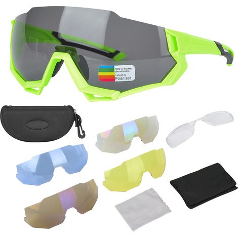 Ortviai Lunettes de vélo polarisées anti-vent avec cadre myope inclus – Vert fluo – Lunettes de protection (1/5)