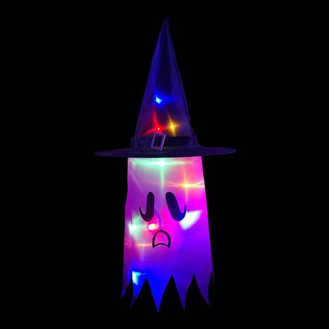 Guirlande lumineuse LED de chapeaux de sorcière fantômes à suspendre pour Halloween, décoration extérieure pour arbre, porche ou jardin.