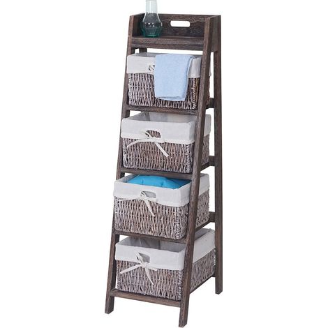 [NEUWERTIG] Leiterregal Franca, Regal Standregal mit 4 Korbschubladen 101x30cm, Shabby-Look, Vintage, braun