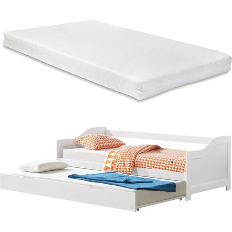 Lit gigogne avec 2 matelas lit d'appoint en bois pin contreplaqué blanc matelas inclus 205x190,5x66cm 030004990
