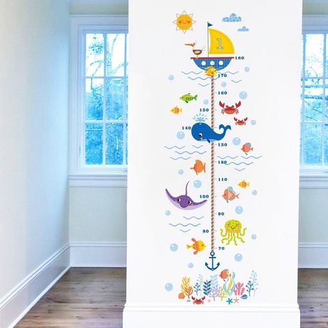 Sticker Mural Enfant - Thème Sous-Marin Algues Corail Requin Méduse Crabe Bulle Bateau - Vinyle Écologique Repositionnable - Pour Chambre Pépinière Crèche - 2 Feuilles
