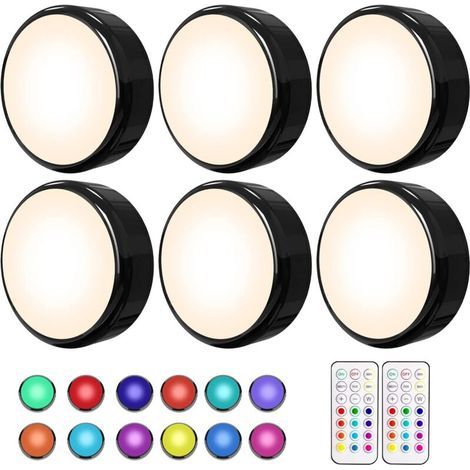 Lot de 6 lampes LED à intensité variable pour sous-meubles - Éclairage LED de cuisine - Lampes LED multicolores à piles - Éclairage pour vitrines avec télécommande et minuterie - Noir (1/4)