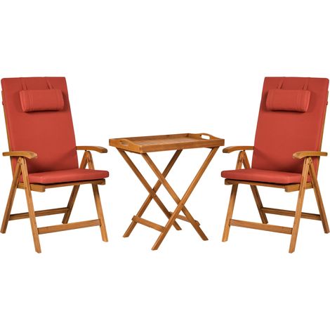 Conjunto de comedor de balcón en madera de acacia oscura con sillas ajustables plegables cojines rojos Java