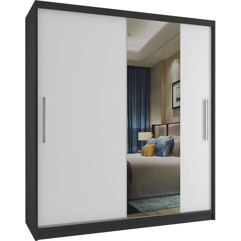 BELINI Grande Armoire 2 Portes Coulissantes VERONA MSE 133 cm - Miroir Intégré & Tringle - Chambre Adulte - Noir / Blanc Mat (1/5)