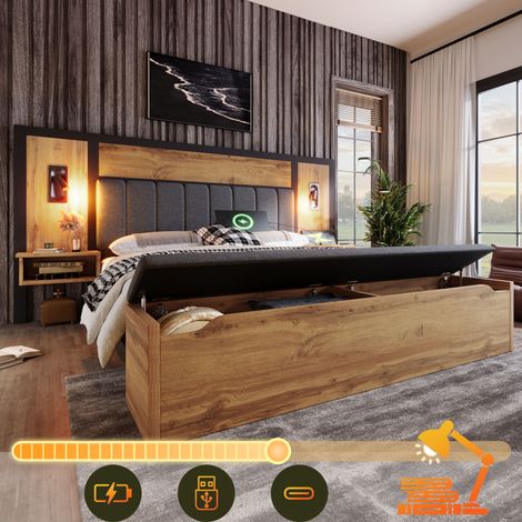 Letto matrimoniale imbottito 180x200 cm con lampada da lettura, USB-C, panca portaoggetti, struttura in legno e lino, rovere, senza materasso (1/5)