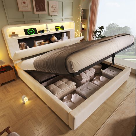 Cama tapizada doble 160x200 cm, arcón elevable, cabezal con almacenaje, terciopelo y metal beige (1/5)