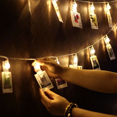 Guirlande lumineuse LED avec pinces photos, 10m, piles incluses, décoration pour mariage, fête et anniversaire. (1/5)