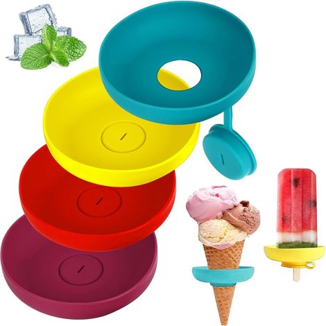 Ensemble de quatre porte-glaçons anti-goutte pour enfants, en silicone, réutilisable, sans BPA, avec un design anti-goutte, adapté aux garçons et aux filles, disponible en jaune et rouge. (1/5)