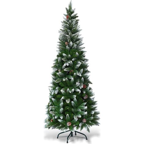 COSTWAY 180cm Kuenstlicher Bleistift Weihnachtsbaum mit Kiefernzapfen, schneebedeckter Tannenbaum mit Metallstaender, Christbaum 630 Spitzen PVC Nadeln, Kunstbaum Weihnachten Klappsystem (1/5)