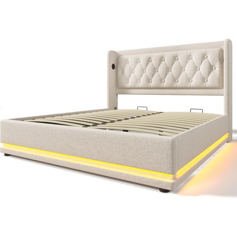 Letto matrimoniale capitonné 180x200 cm beige in cotone con contenitore idraulico, LED e USB-C (1/5)