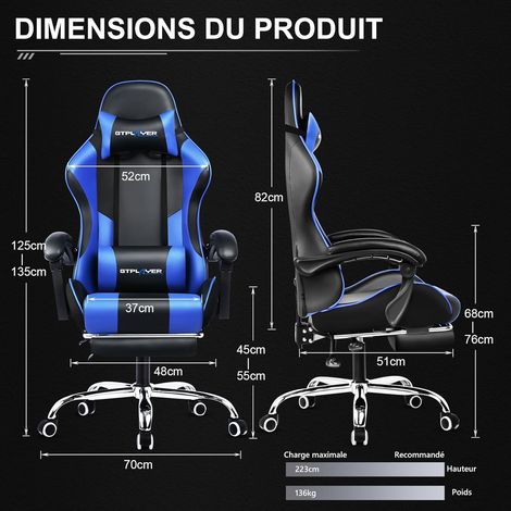 Chaise Gaming Ergonomique, Fauteuil Gamer, Chaise Bureau, Chaise de Gaming avec Dossier réglable à 135°, Hauteur Réglablerepose-Pieds rétractables, Siege, Simili Cuir Bleu
