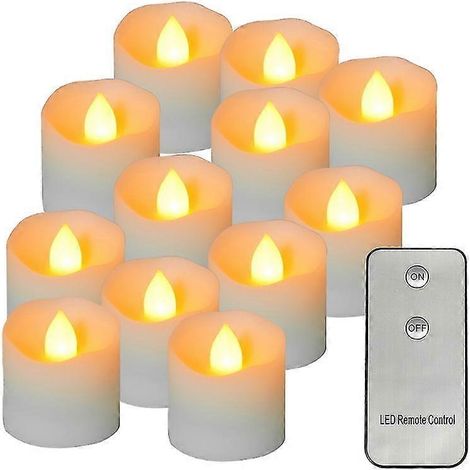 12 velas LED electrónicas sin llama con control remoto, efecto parpadeante, ideales para Navidad, bodas, fiestas y decoración del hogar. (1/5)