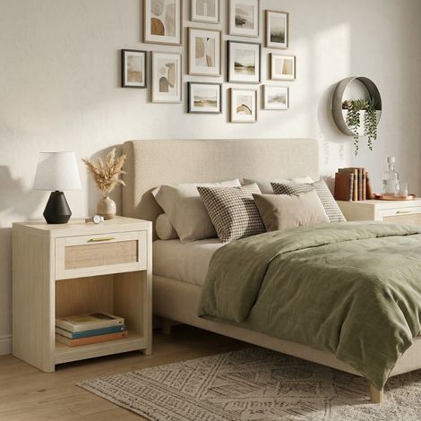 Table de Chevet, Lot de 2, Style Bohème, Table d’Appoint, avec Tiroir Effet Cannage, Beige
