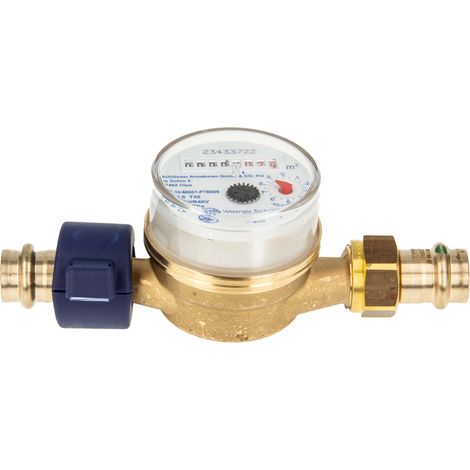 Einstrahlzähler ETK Kombi-Set (Kaltwasser) bis 30 Grad Länge 110 mm, inkl. Verschraubung mit Pressanschluss 22 mm, Plombierschelle